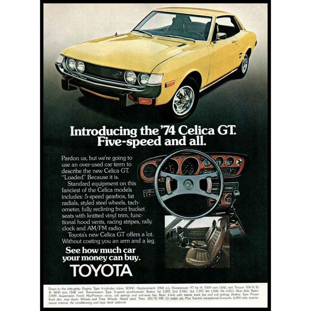 1974 Toyota Celica GT Sports Car Vintage Print Ad Interior Wood Dash Wall Art